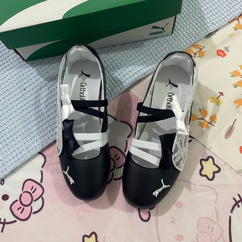 Puma Black and White Girls' Lace Ballet Flats with Ribbon Straps